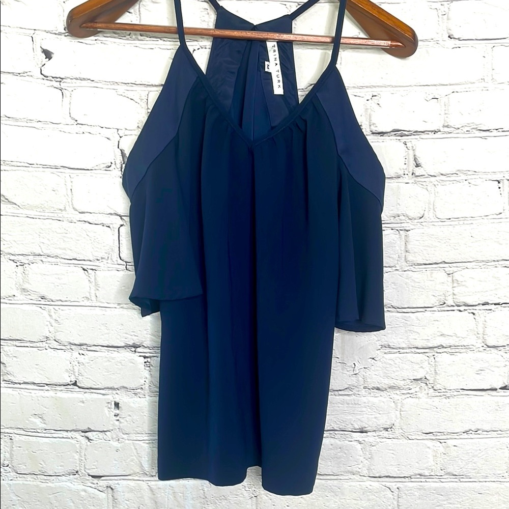 Trina Turk Navy Blue Cold Shoulder Short Sleeve Blouse Size Medium